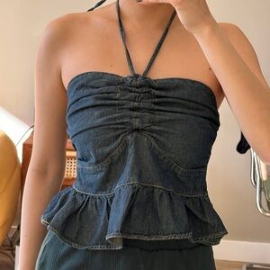 Dark blue halter denim top with ruffle
